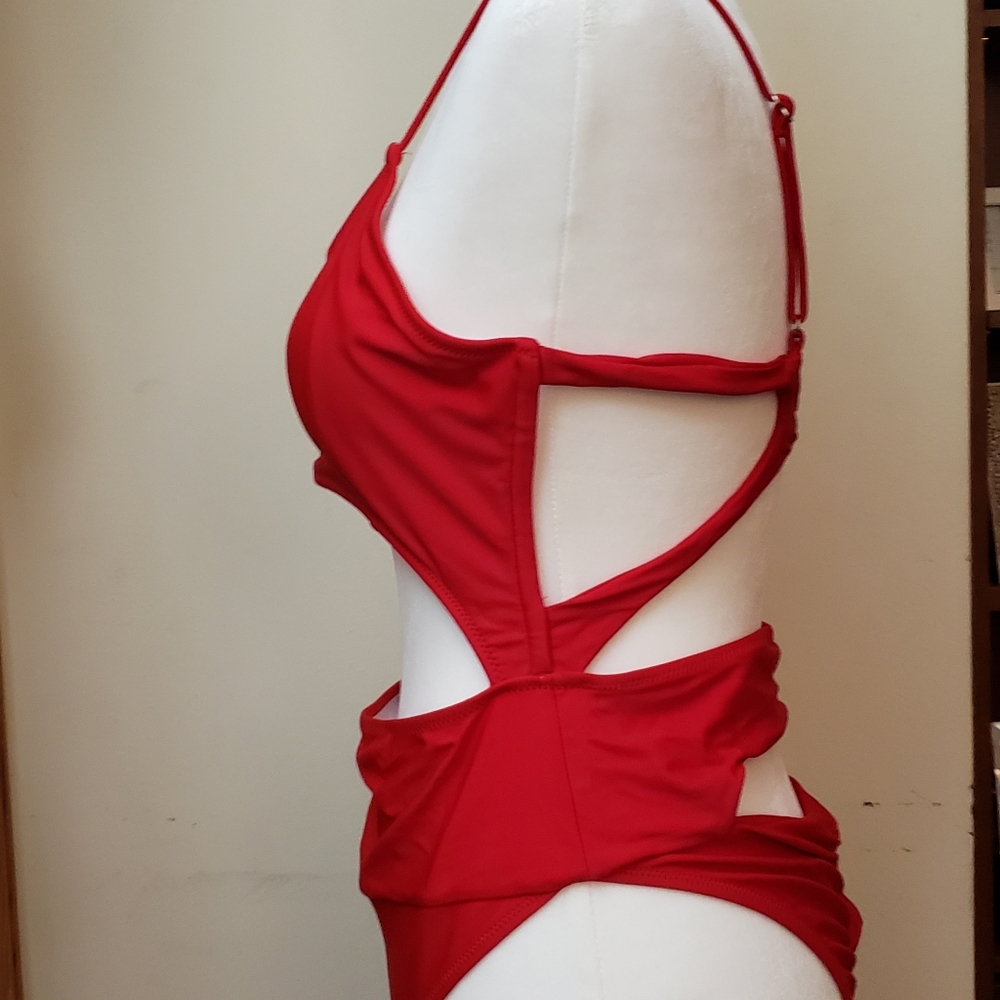 QINSEN Womens Scoop Neck Cutout Front Ruched Back High Cut Monokini One Piece